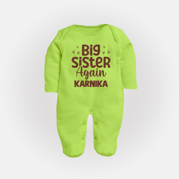 Big Sister Again Sleep Suit/ Full Sleeve Bodysuit | Personalized Sleep Suit/ Full Sleeve Bodysuit for the Big Sister Again - LIME GREEN - New Born (Chest 7.5")