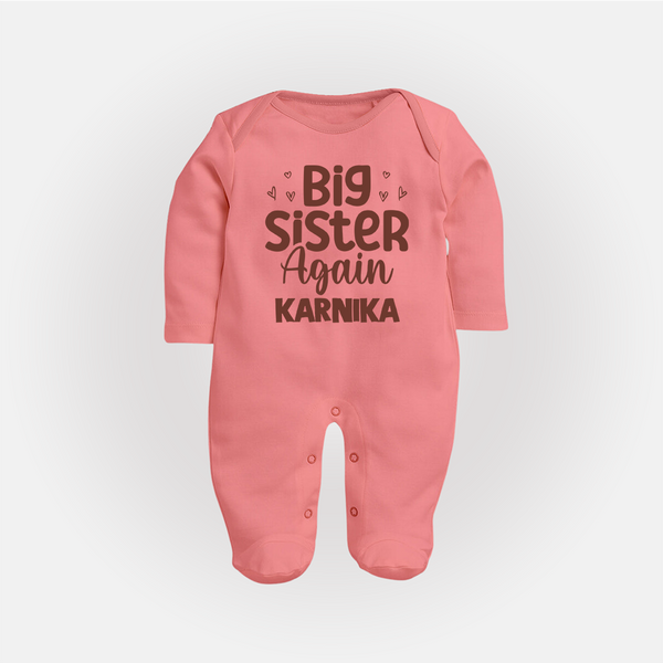 Big Sister Again Sleep Suit/ Full Sleeve Bodysuit | Personalized Sleep Suit/ Full Sleeve Bodysuit for the Big Sister Again - PEACH - New Born (Chest 7.5")