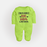 Only Child Big Sister Sleep Suit/ Full Sleeve Bodysuit | Custom Sleep Suit/ Full Sleeve Bodysuit for the Only Child Now Big Sister - LIME GREEN - New Born (Chest 7.5")