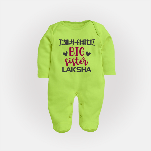 Only Child Big Sister Sleep Suit/ Full Sleeve Bodysuit | Custom Sleep Suit/ Full Sleeve Bodysuit for the Only Child Now Big Sister - LIME GREEN - New Born (Chest 7.5")