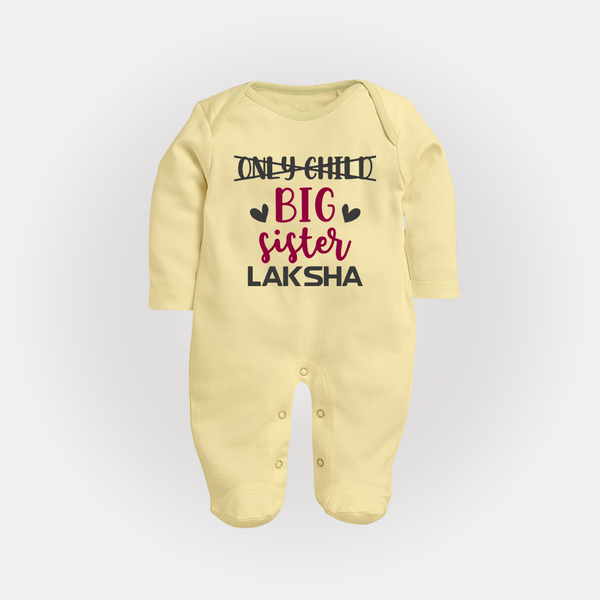 Only Child Big Sister Sleep Suit/ Full Sleeve Bodysuit | Custom Sleep Suit/ Full Sleeve Bodysuit for the Only Child Now Big Sister - PASTEL YELLOW - New Born (Chest 7.5")