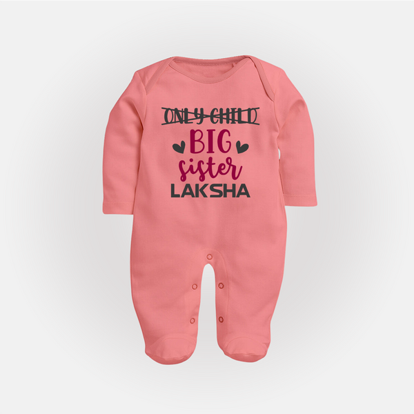 Only Child Big Sister Sleep Suit/ Full Sleeve Bodysuit | Custom Sleep Suit/ Full Sleeve Bodysuit for the Only Child Now Big Sister - PEACH - New Born (Chest 7.5")