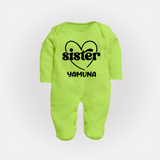 Sister Sleep Suit/ Full Sleeve Bodysuit | Personalized Sleep Suit/ Full Sleeve Bodysuit for Your Favorite Sister - LIME GREEN - New Born (Chest 7.5")