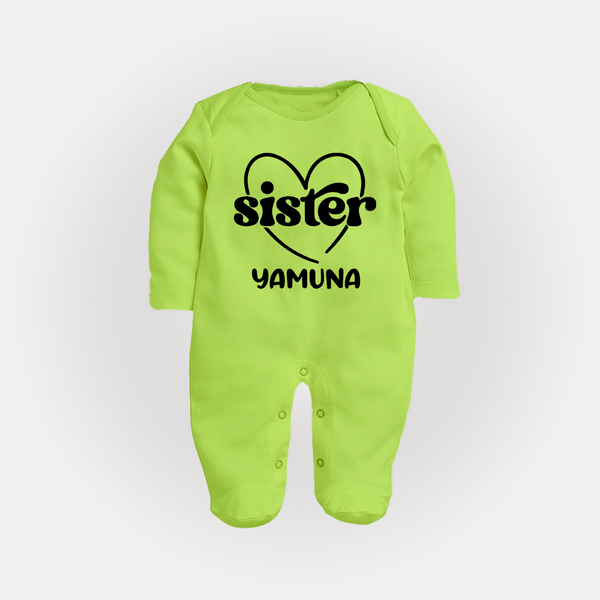 Sister Sleep Suit/ Full Sleeve Bodysuit | Personalized Sleep Suit/ Full Sleeve Bodysuit for Your Favorite Sister - LIME GREEN - New Born (Chest 7.5")