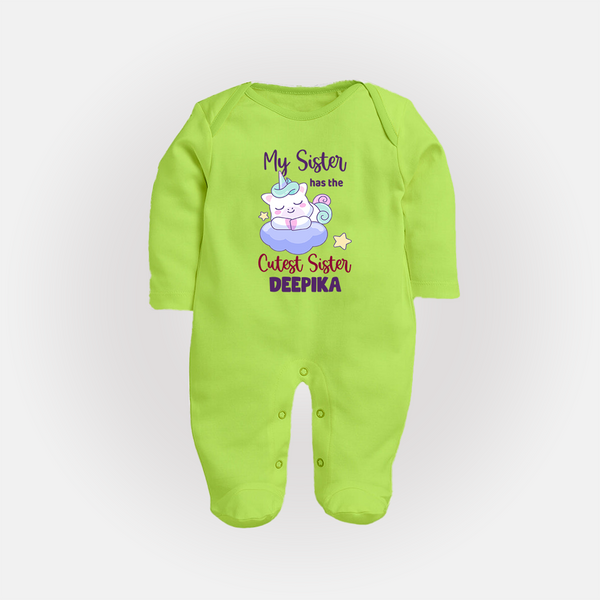 My Sister Has The Cutest Sister Sleep Suit/ Full Sleeve Bodysuit | Personalized Sleep Suit/ Full Sleeve Bodysuit for the Cutest Sisters - LIME GREEN - New Born (Chest 7.5")