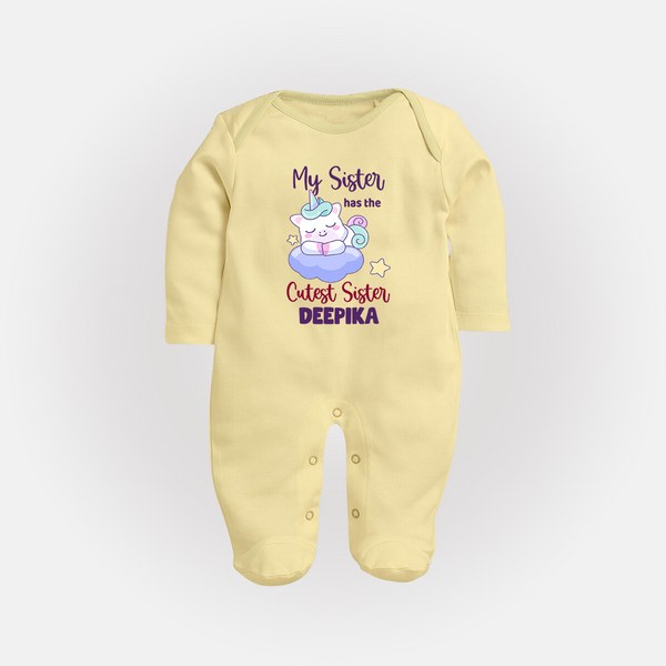 My Sister Has The Cutest Sister Sleep Suit/ Full Sleeve Bodysuit | Personalized Sleep Suit/ Full Sleeve Bodysuit for the Cutest Sisters - PASTEL YELLOW - New Born (Chest 7.5")