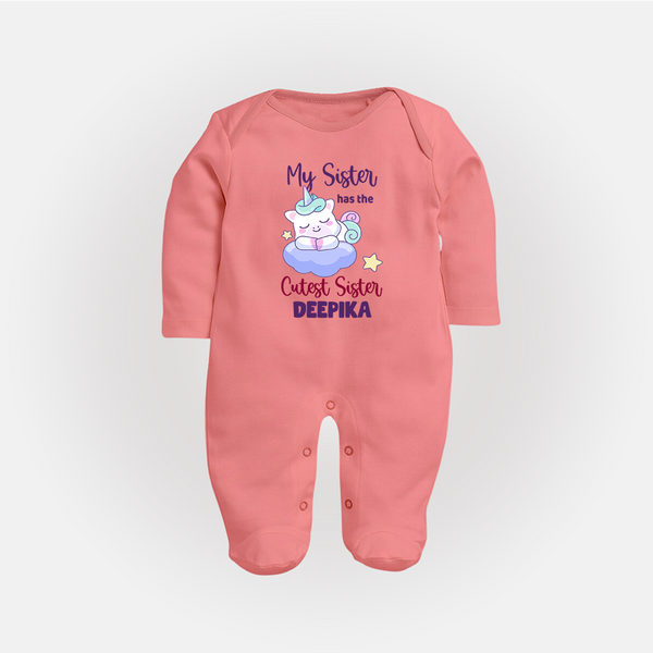 My Sister Has The Cutest Sister Sleep Suit/ Full Sleeve Bodysuit | Personalized Sleep Suit/ Full Sleeve Bodysuit for the Cutest Sisters - PEACH - New Born (Chest 7.5")
