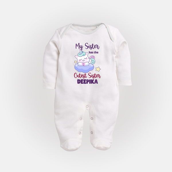 My Sister Has The Cutest Sister Sleep Suit/ Full Sleeve Bodysuit | Personalized Sleep Suit/ Full Sleeve Bodysuit for the Cutest Sisters - WHITE - New Born (Chest 7.5")