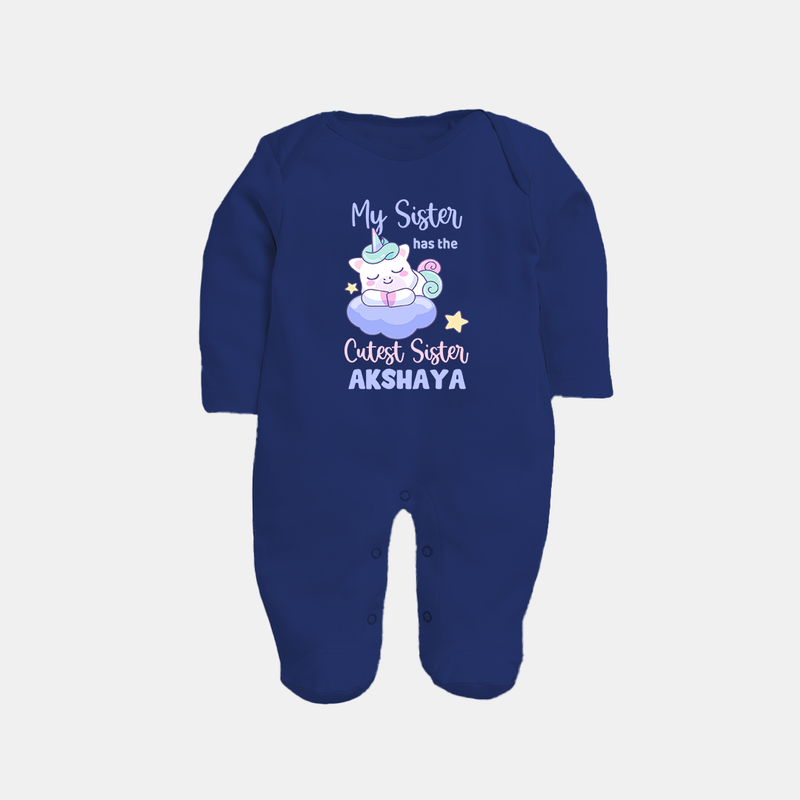 My Sister Has The Cutest Sister Sleep Suit/ Full Sleeve Bodysuit | Personalized Sleep Suit/ Full Sleeve Bodysuit for the Cutest Sisters - NAVY BLUE - New Born (Chest 7.5")