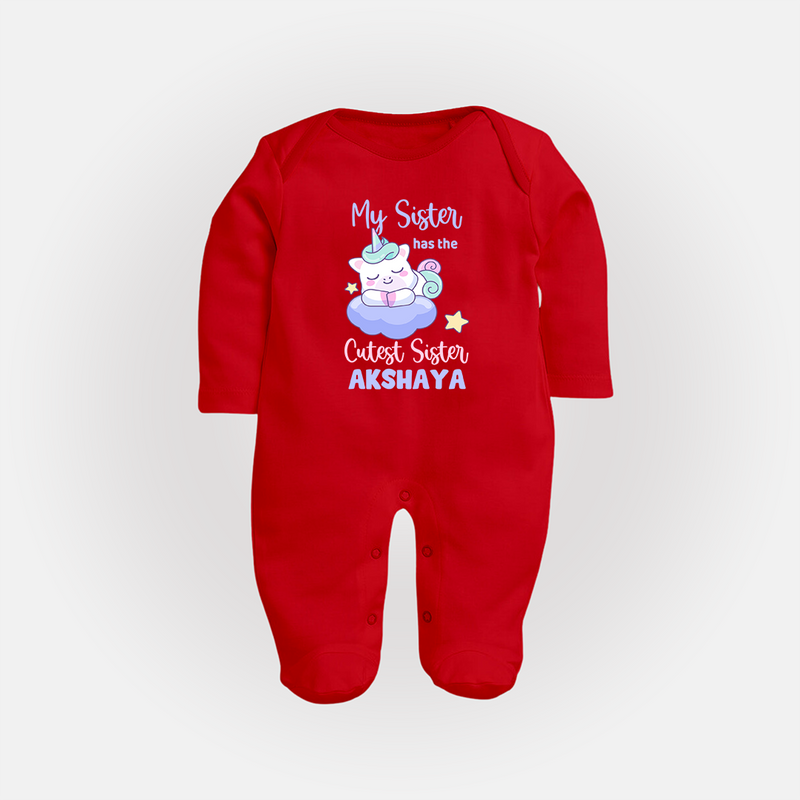 My Sister Has The Cutest Sister Sleep Suit/ Full Sleeve Bodysuit | Personalized Sleep Suit/ Full Sleeve Bodysuit for the Cutest Sisters - RED - New Born (Chest 7.5")