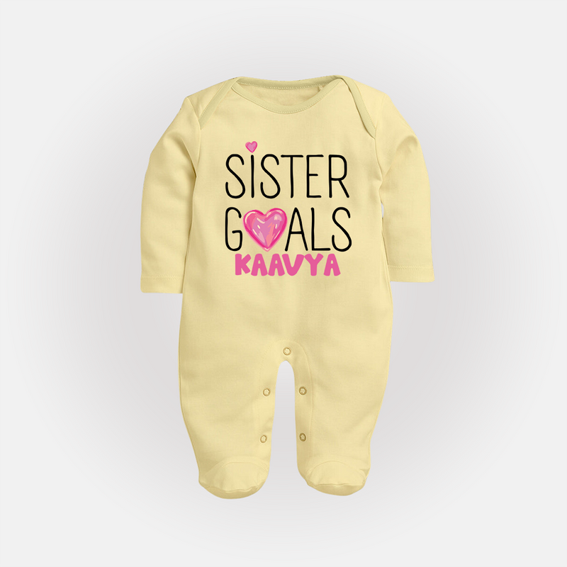 Sister Goals Sleep Suit/ Full Sleeve Bodysuit | Custom Sleep Suit/ Full Sleeve Bodysuit for the Perfect Sister Duo - PASTEL YELLOW - New Born (Chest 7.5")