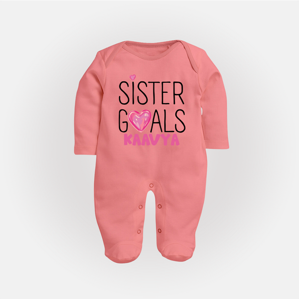 Sister Goals Sleep Suit/ Full Sleeve Bodysuit | Custom Sleep Suit/ Full Sleeve Bodysuit for the Perfect Sister Duo - PEACH - New Born (Chest 7.5")