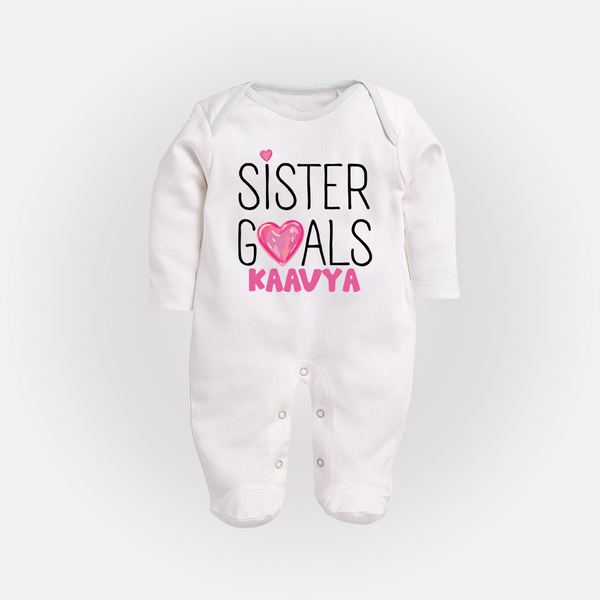 Sister Goals Sleep Suit/ Full Sleeve Bodysuit | Custom Sleep Suit/ Full Sleeve Bodysuit for the Perfect Sister Duo - WHITE - New Born (Chest 7.5")