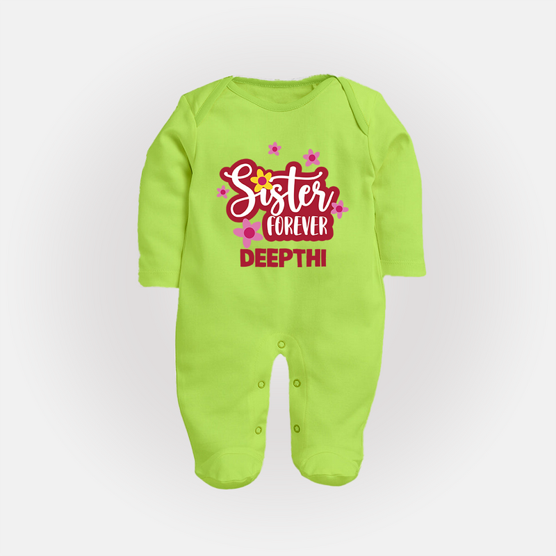 Sister Forever Sleep Suit/ Full Sleeve Bodysuit | Personalized Sleep Suit/ Full Sleeve Bodysuit for Sisters Forever - LIME GREEN - New Born (Chest 7.5")