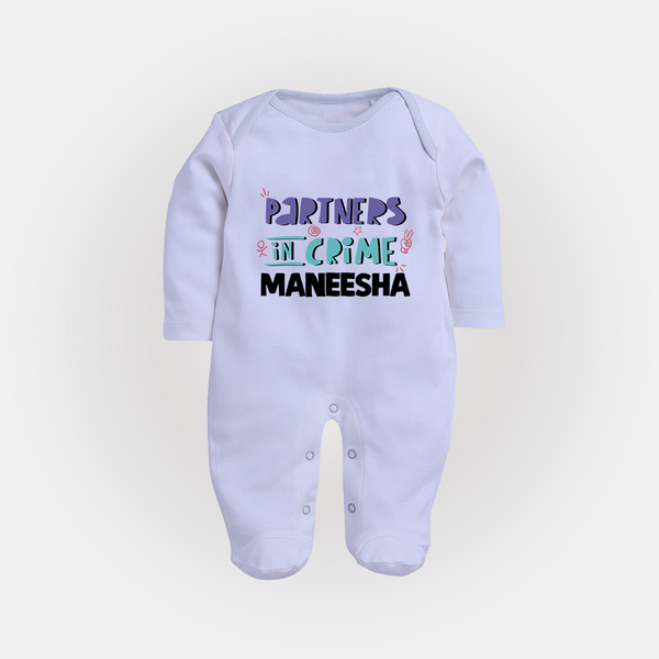 Partners In Crime Sleep Suit/ Full Sleeve Bodysuit | Custom Sleep Suit/ Full Sleeve Bodysuit for Sister Partners in Crime - BABY BLUE - New Born (Chest 7.5")