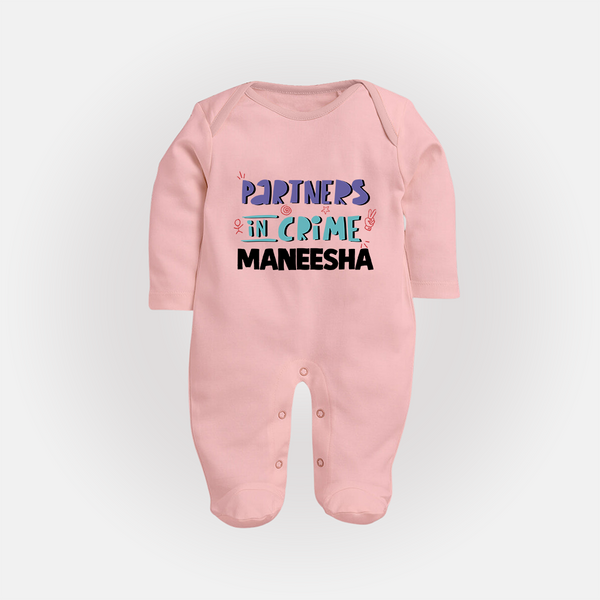Partners In Crime Sleep Suit/ Full Sleeve Bodysuit | Custom Sleep Suit/ Full Sleeve Bodysuit for Sister Partners in Crime - BABY PINK - New Born (Chest 7.5")