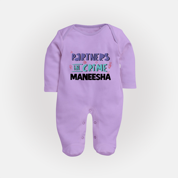 Partners In Crime Sleep Suit/ Full Sleeve Bodysuit | Custom Sleep Suit/ Full Sleeve Bodysuit for Sister Partners in Crime - LILAC - New Born (Chest 7.5")