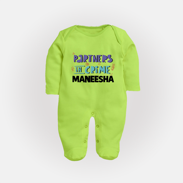 Partners In Crime Sleep Suit/ Full Sleeve Bodysuit | Custom Sleep Suit/ Full Sleeve Bodysuit for Sister Partners in Crime - LIME GREEN - New Born (Chest 7.5")