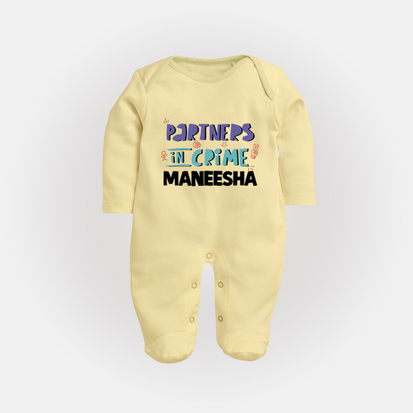 Partners In Crime Sleep Suit/ Full Sleeve Bodysuit | Custom Sleep Suit/ Full Sleeve Bodysuit for Sister Partners in Crime - PASTEL YELLOW - New Born (Chest 7.5")