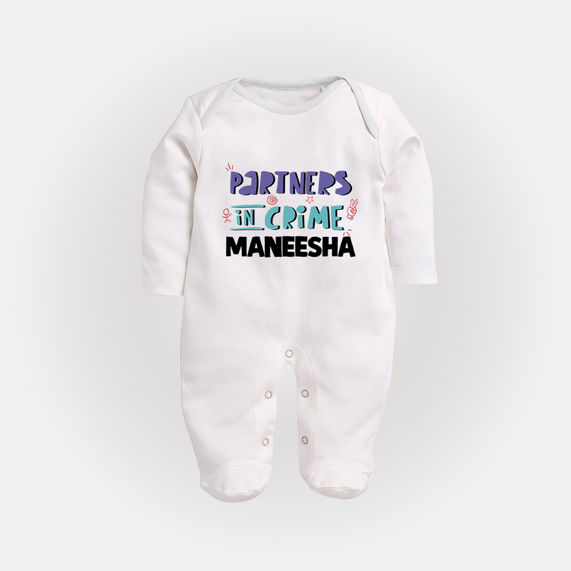 Partners In Crime Sleep Suit/ Full Sleeve Bodysuit | Custom Sleep Suit/ Full Sleeve Bodysuit for Sister Partners in Crime - WHITE - New Born (Chest 7.5")