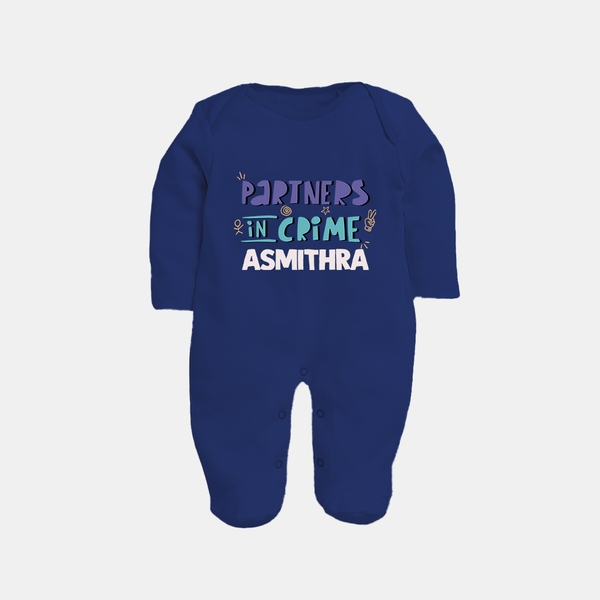 Partners In Crime Sleep Suit/ Full Sleeve Bodysuit | Custom Sleep Suit/ Full Sleeve Bodysuit for Sister Partners in Crime - NAVY BLUE - New Born (Chest 7.5")