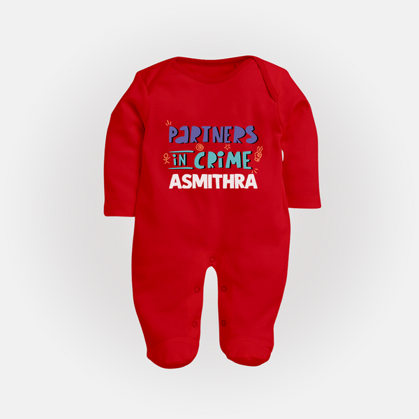 Partners In Crime Sleep Suit/ Full Sleeve Bodysuit | Custom Sleep Suit/ Full Sleeve Bodysuit for Sister Partners in Crime - RED - New Born (Chest 7.5")