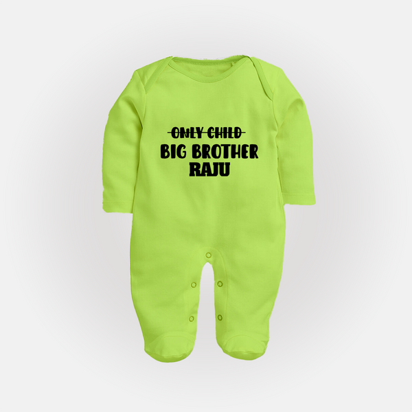 Only Child Big Brother Sleep Suit/ Full Sleeve Bodysuit | Custom Sleep Suit/ Full Sleeve Bodysuit for the Only Child Now Big Brother - LIME GREEN - New Born (Chest 7.5")
