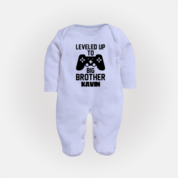 Leveled Up To Big Brother | Cute and Personalized Sleep Suit/ Full Sleeve Bodysuit for Brother - BABY BLUE - New Born (Chest 7.5")