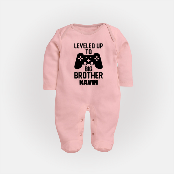 Leveled Up To Big Brother | Cute and Personalized Sleep Suit/ Full Sleeve Bodysuit for Brother - BABY PINK - New Born (Chest 7.5")