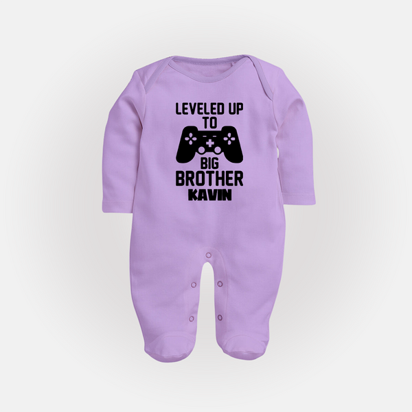 Leveled Up To Big Brother | Cute and Personalized Sleep Suit/ Full Sleeve Bodysuit for Brother - LILAC - New Born (Chest 7.5")