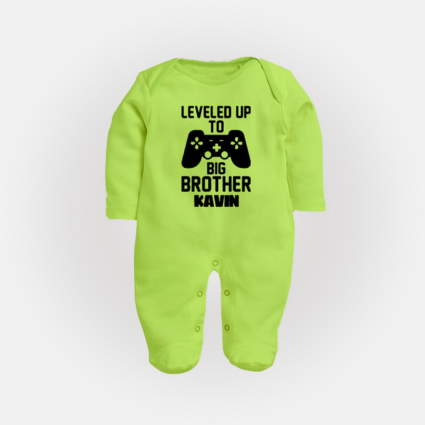 Leveled Up To Big Brother | Cute and Personalized Sleep Suit/ Full Sleeve Bodysuit for Brother - LIME GREEN - New Born (Chest 7.5")