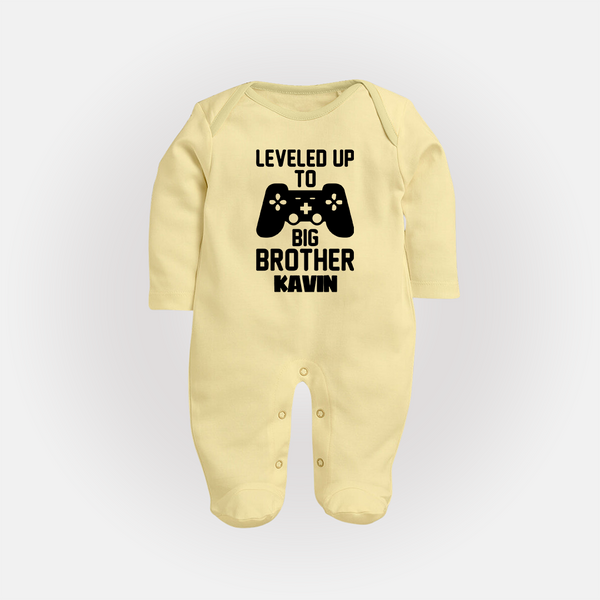 Leveled Up To Big Brother | Cute and Personalized Sleep Suit/ Full Sleeve Bodysuit for Brother - PASTEL YELLOW - New Born (Chest 7.5")