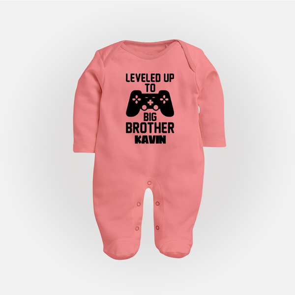 Leveled Up To Big Brother | Cute and Personalized Sleep Suit/ Full Sleeve Bodysuit for Brother - PEACH - New Born (Chest 7.5")