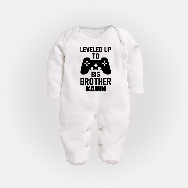 Leveled Up To Big Brother | Cute and Personalized Sleep Suit/ Full Sleeve Bodysuit for Brother - WHITE - New Born (Chest 7.5")