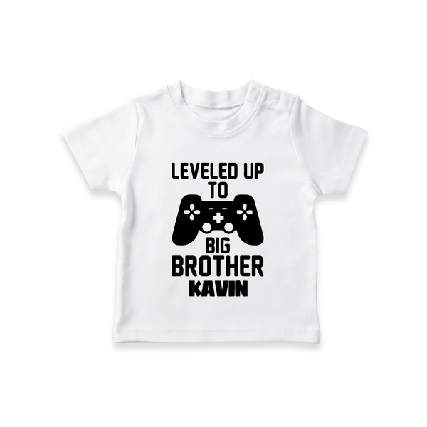 Leveled Up To Big Brother | Cute and Personalized T-Shirt for Brother - WHITE - 0-5 Months Old (Chest 17")