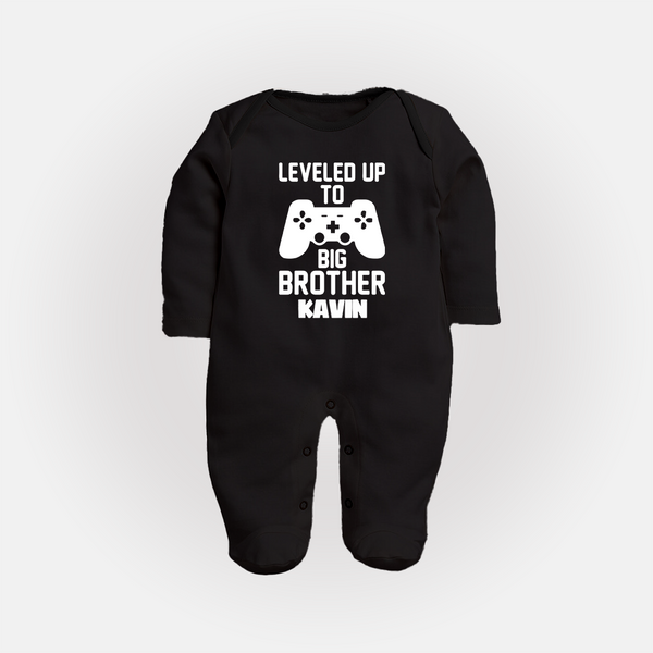 Leveled Up To Big Brother | Cute and Personalized Sleep Suit/ Full Sleeve Bodysuit for Brother - BLACK - New Born (Chest 7.5")