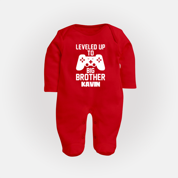 Leveled Up To Big Brother | Cute and Personalized Sleep Suit/ Full Sleeve Bodysuit for Brother - RED - New Born (Chest 7.5")