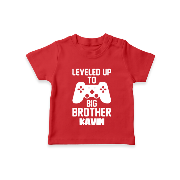 Leveled Up To Big Brother | Cute and Personalized T-Shirt for Brother - RED - 0-5 Months Old (Chest 17")