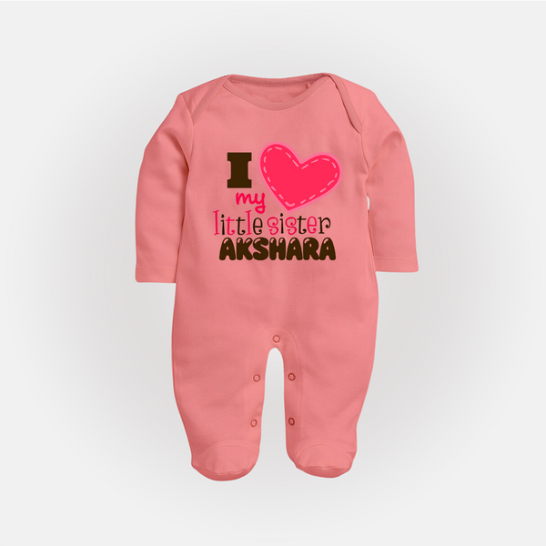 I Love My Little Sister Sleep suit | Personalized Sleep suit for Loving Little Sisters - PEACH - New Born (Chest 7.5")