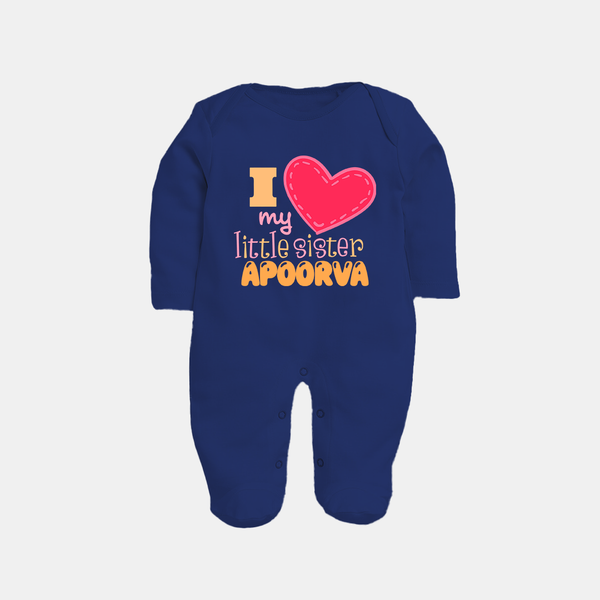 I Love My Little Sister Sleep suit | Personalized Sleep suit for Loving Little Sisters - NAVY BLUE - New Born (Chest 7.5")