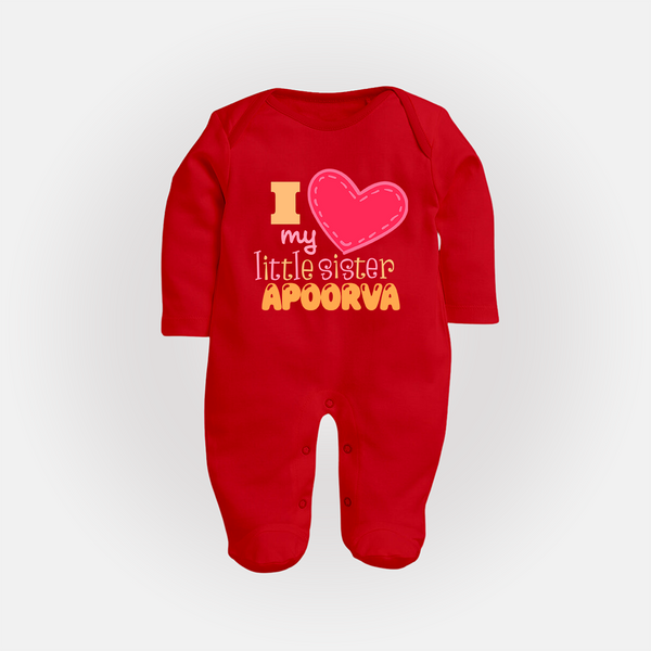 I Love My Little Sister Sleep suit | Personalized Sleep suit for Loving Little Sisters - RED - New Born (Chest 7.5")