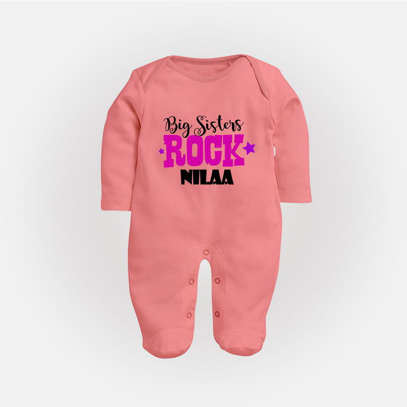 Big Sisters Rock Sleep suit | Personalized Sleep suit for the Cool Big Sister - PEACH - New Born (Chest 7.5")