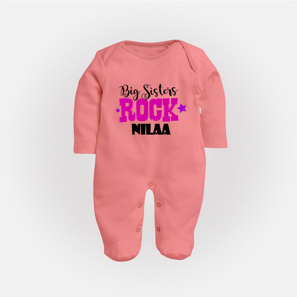Big Sisters Rock Sleep suit | Personalized Sleep suit for the Cool Big Sister - PEACH - New Born (Chest 7.5")