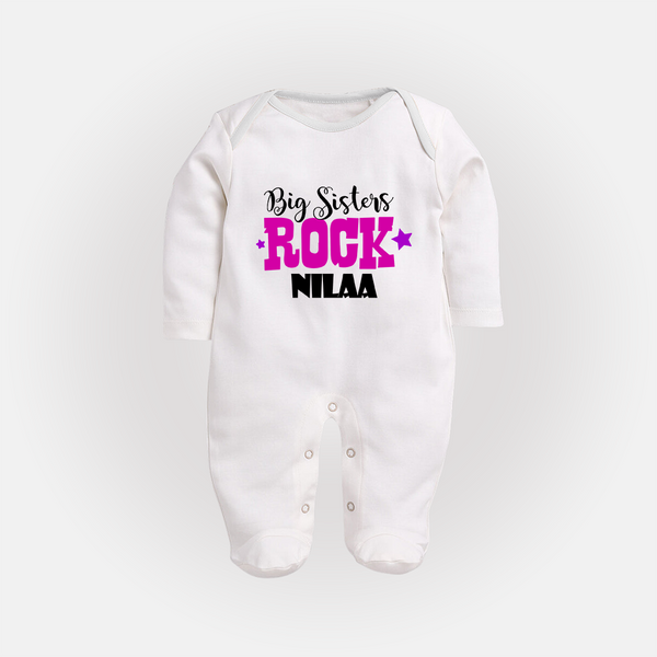 Big Sisters Rock Sleep suit | Personalized Sleep suit for the Cool Big Sister - WHITE - New Born (Chest 7.5")