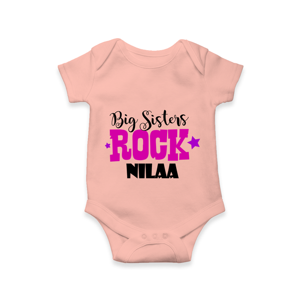 Big Sisters Rock Romper | Personalized Romper for the Cool Big Sister - PEACH - New Born (Chest 14")