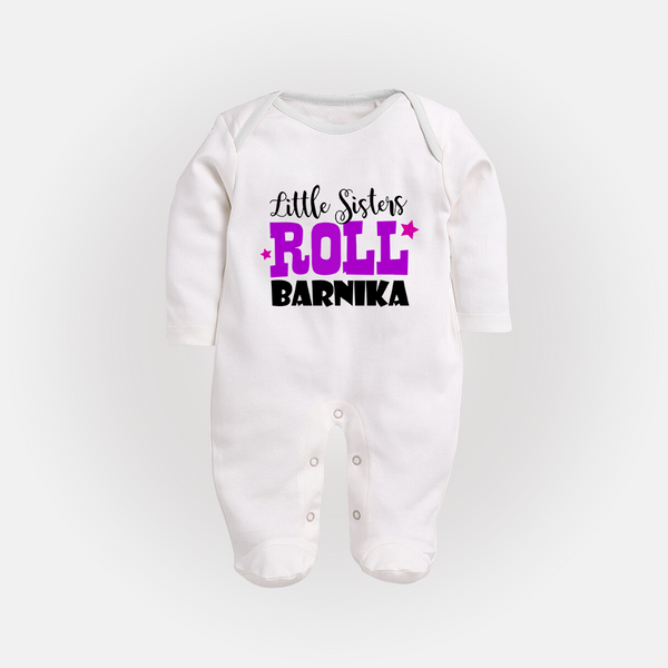 Little Sisters Roll Sleep suit | Custom Sleep suit for the Awesome Little Sister - WHITE - New Born (Chest 7.5")