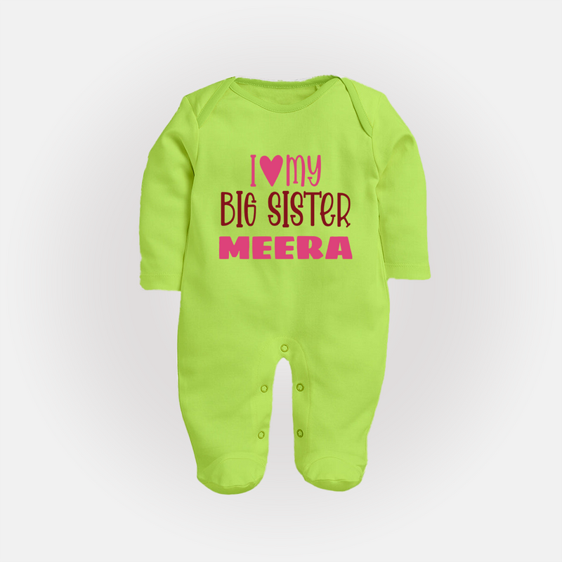 I Love My Big Sister Sleep suit | Personalized Sleep suit for Your Big Sister - LIME GREEN - New Born (Chest 7.5")