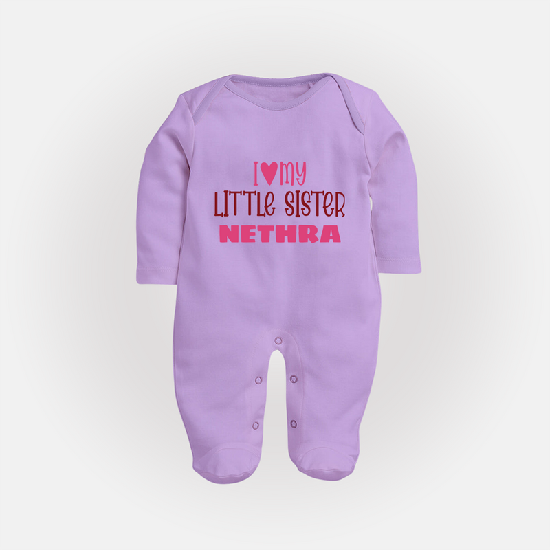 I Love My Little Sister Sleep suit | Personalized Sleep suit for Your Little Sister - LILAC - New Born (Chest 7.5")