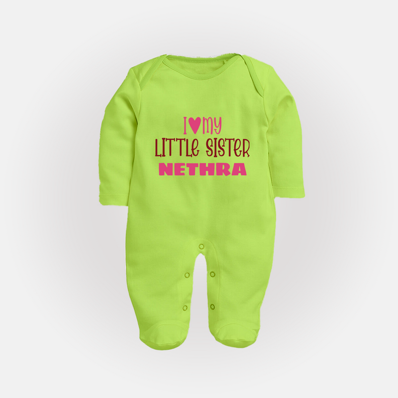I Love My Little Sister Sleep suit | Personalized Sleep suit for Your Little Sister - LIME GREEN - New Born (Chest 7.5")