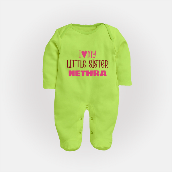 I Love My Little Sister Sleep suit | Personalized Sleep suit for Your Little Sister - LIME GREEN - New Born (Chest 7.5")
